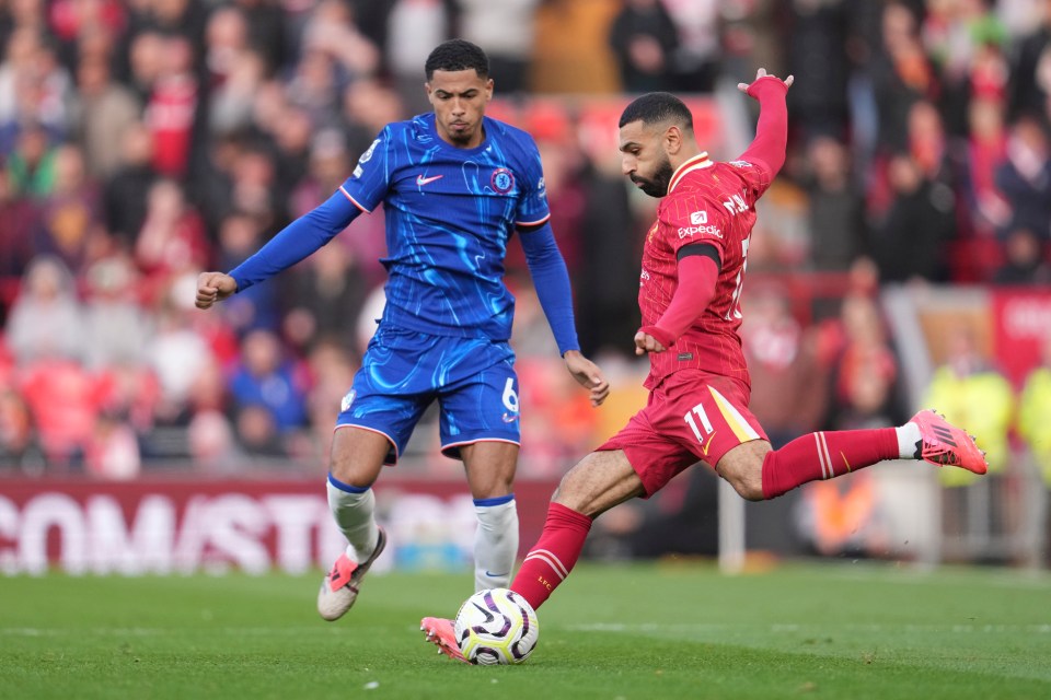 Mohamed Salah kicking the ball during a soccer match.