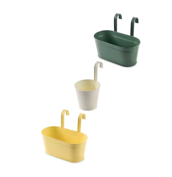 Three metal hanging planters in different colors and shapes.
