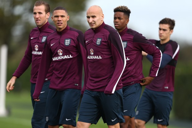 England national soccer team players at a training session.