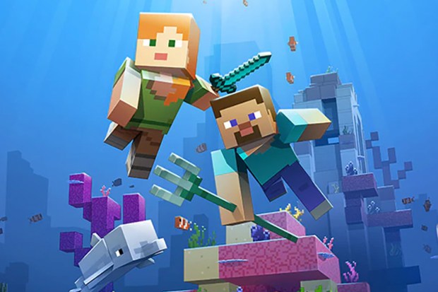 Minecraft characters underwater with a trident.