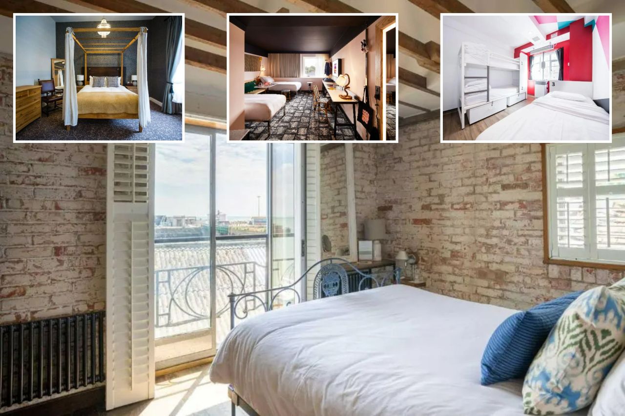 An image collage containing 4 images, Image 1 shows Bedroom with exposed brick walls, wooden beams, and a bed facing a balcony with ocean views, Image 2 shows Hotel room with four-poster bed, Image 3 shows Mama Shelter London Shoreditch hotel room with two twin beds and a work desk, Image 4 shows Hostel room with bunk beds and a single bed