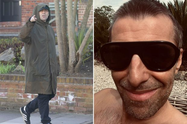 An image collage containing 2 images, Image 1 shows Liam Gallagher walking down a street, Image 2 shows Close-up selfie of Liam Gallagher sunbathing