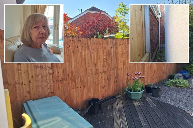 An image collage containing 3 images, Image 1 shows Wooden fence separating two gardens, Image 2 shows Portrait of Muriel Middle, a 79-year-old woman, Image 3 shows A narrow gap between two houses showing a section of fence and a drainpipe