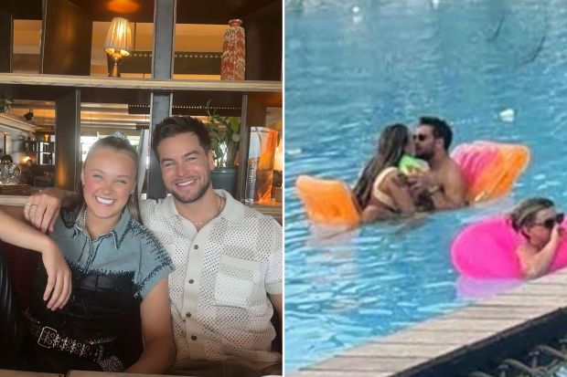 An image collage containing 2 images, Image 1 shows Photo of two people sitting together, Image 2 shows Jojo Siwa and Chris Hughes kissing in a pool