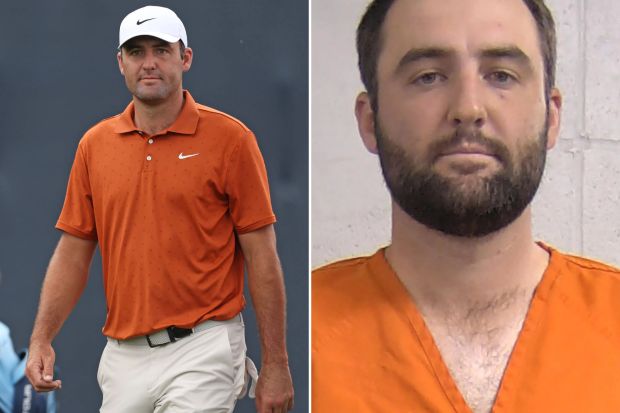 An image collage containing 2 images, Image 1 shows Scottie Scheffler at the PGA Championship, Image 2 shows Mugshot of Scottie Scheffler in an orange jumpsuit