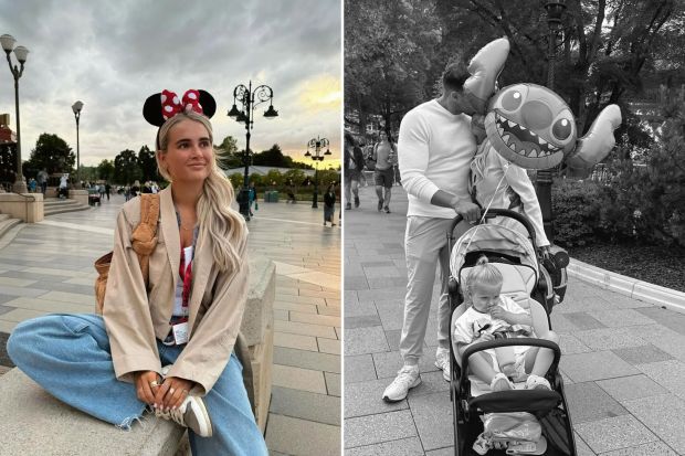 An image collage containing 2 images, Image 1 shows Molly Mae at Disneyland wearing Minnie Mouse ears, Image 2 shows Black and white photo of a couple kissing with their baby in a stroller at Disneyland