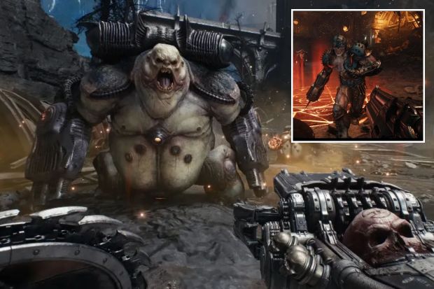 An image collage containing 2 images, Image 1 shows Gaming tech screenshot showing a large monstrous enemy, Image 2 shows Gameplay screenshot of Doom Eternal showing a demon and a player's weapon