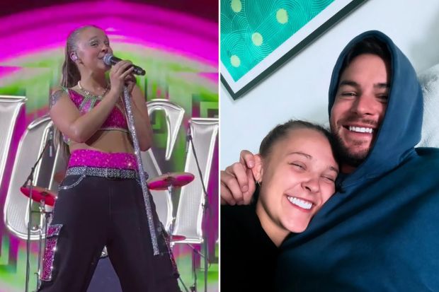 An image collage containing 2 images, Image 1 shows JoJo Siwa performing on stage, Image 2 shows JoJo Siwa and Chris Hughes cuddling
