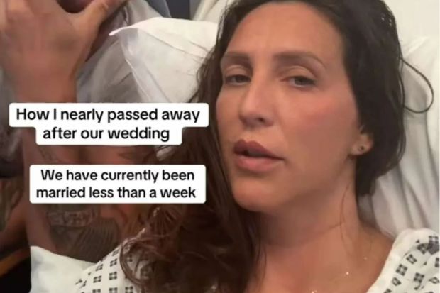 An image collage containing 1 images, Image 1 shows Couple in hospital bed; woman recounts nearly dying after their wedding