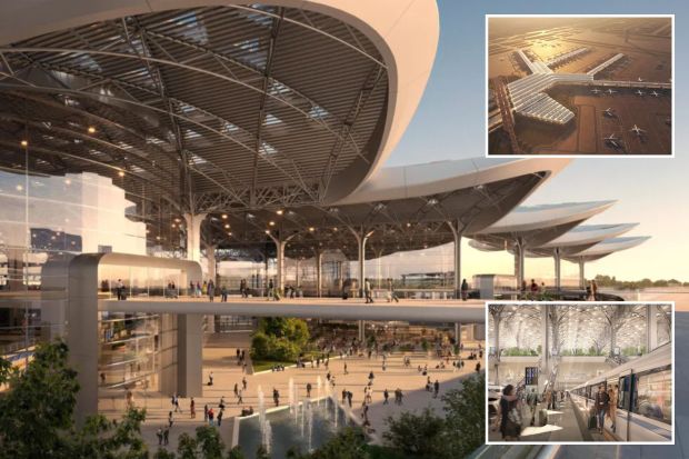 An image collage containing 3 images, Image 1 shows Illustration of a modern airport terminal with a large, curved roof and people walking around, Image 2 shows Aerial illustration of an airport terminal and runways, Image 3 shows Illustration of a modern train station with passengers boarding a train