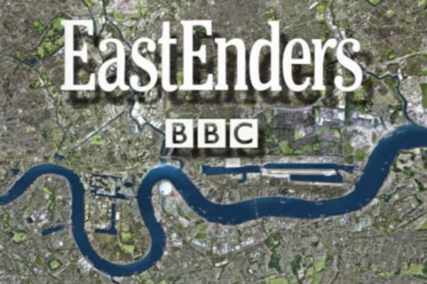 An image collage containing 1 images, Image 1 shows EastEnders BBC logo over a map of London