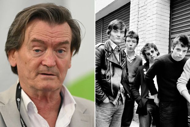 An image collage containing 2 images, Image 1 shows Headshot of Feargal Sharkey at a Labour Party conference, Image 2 shows Black and white photo of the Undertones band