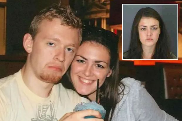 An image collage containing 2 images, Image 1 shows Photo of a man and woman at a restaurant, Image 2 shows Mugshot of Kaitlyn Conley