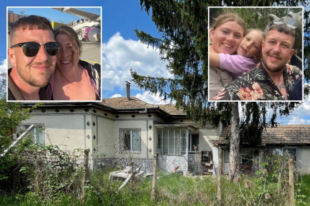 An image collage containing 3 images, Image 1 shows A three-bedroom house in overgrown grass, Image 2 shows Selfie of a couple at an airport, in front of a plane, Image 3 shows Family selfie with two children in front of a dinosaur