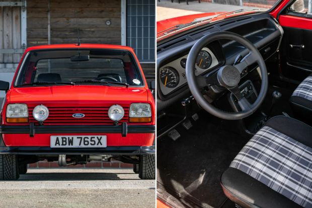 An image collage containing 2 images, Image 1 shows Red 1981 Ford Fiesta Supersport, Image 2 shows Interior of a red 1981 Ford Fiesta Supersport