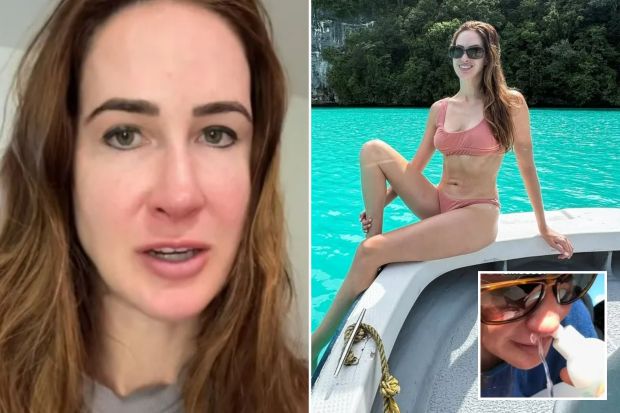 An image collage containing 3 images, Image 1 shows Woman describing a persistent sinus infection, Image 2 shows Woman in pink bikini sitting on the edge of a boat in a tropical lagoon, Image 3 shows Woman using nasal irrigation on the side of the road