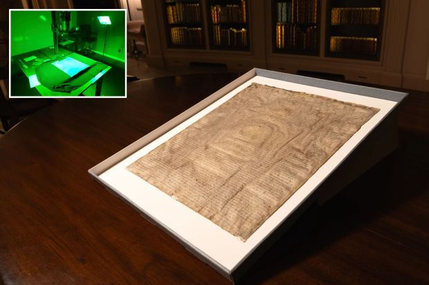An image collage containing 2 images, Image 1 shows 1300 Magna Carta displayed in a frame, Image 2 shows Researchers using imaging technology on a Magna Carta copy