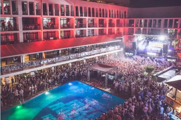 An image collage containing 1 images, Image 1 shows Ibiza Rocks Hotel pool party
