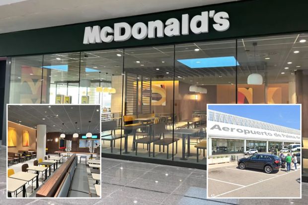 An image collage containing 3 images, Image 1 shows Europe's largest McDonald's restaurant at Palma de Mallorca Airport, Image 2 shows Interior of a large McDonald's restaurant at an airport, Image 3 shows Palma de Mallorca Airport exterior with passengers and cars