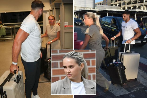 An image collage containing 3 images, Image 1 shows Molly Mae and Tommy Fury arriving at an airport with luggage, Image 2 shows Molly Mae and Tommy Fury arriving at an airport with luggage, Image 3 shows Woman in a pinstripe blazer and white pants