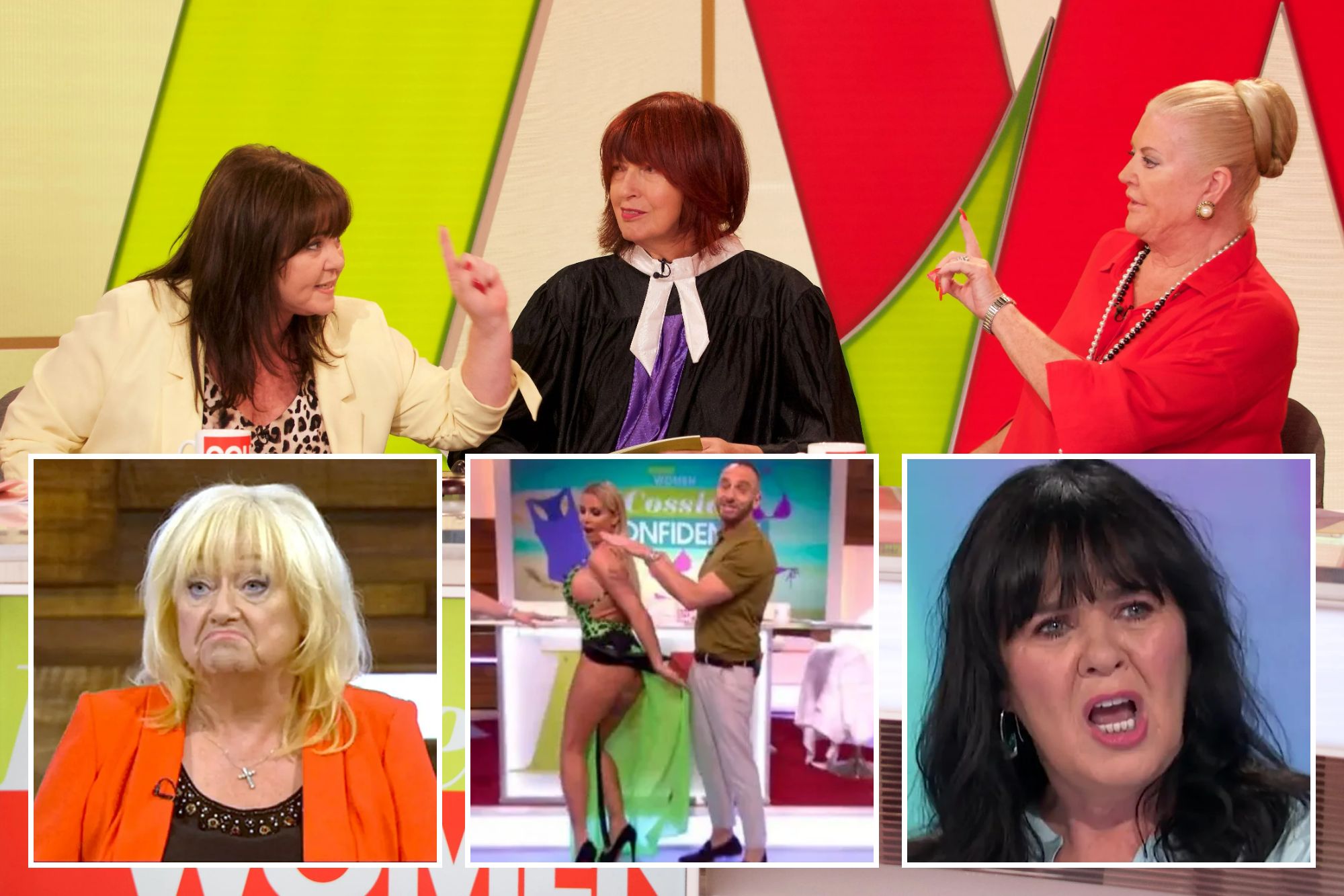 An image collage containing 4 images, Image 1 shows Three women on the set of the &quot;Loose Women&quot; TV show, Image 2 shows Katie Hopkins on Loose Women, Image 3 shows Three people on a TV show; a woman in a revealing dress, a man adjusting the dress, and another woman laughing, Image 4 shows Judy Finnigan on Loose Women