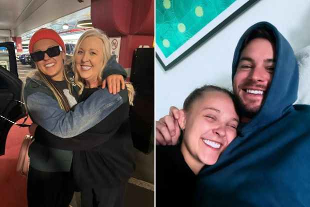 An image collage containing 2 images, Image 1 shows *** Shot for The Sun Online ***(pics and video): JoJo Siwa is pictured arriving at LAX on a British Airways flight from London, following a recent breakup with partner Kath Ebbs at a &quot;Celebrity Big Brother&quot; after-party. Siwa is greeted at the airport in Los Angeles by her mother, Jessalynn Siwa, on April 28, 2024..Photo: London Entertainment for The US Sun.OK TO REUSE, OK TO SYNDICATE, NO RESTRICTIONS , Image 2 shows JoJo Siwa and Chris Hughes continue to spark relationship rumours in latest intimate snaps, http://www.instagram.com/itsjojosiwa/