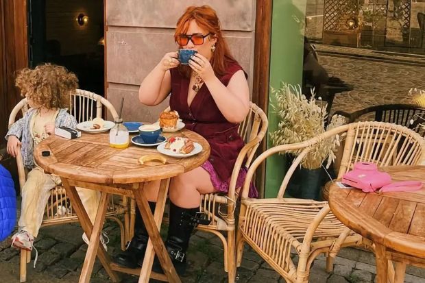 An image collage containing 1 images, Image 1 shows Woman and child at an outdoor cafe