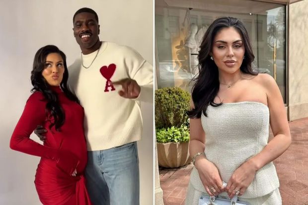 An image collage containing 2 images, Image 1 shows Pregnant woman in red dress and man in cream sweater, Image 2 shows Woman in white tweed dress and Dior handbag in front of Dior store
