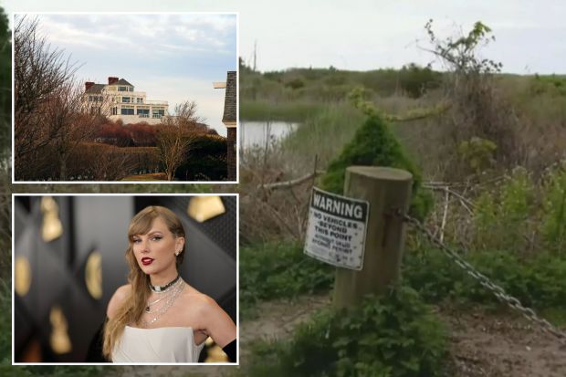 An image collage containing 3 images, Image 1 shows A pond with a &quot;No Vehicles Beyond This Point&quot; sign, Image 2 shows Holiday House, a historic beach mansion in Watch Hill, Rhode Island, Image 3 shows Taylor Swift at the 66th Grammy Awards