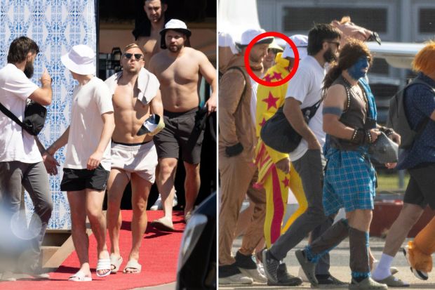 An image collage containing 2 images, Image 1 shows Shirtless men leaving a beach bar, Image 2 shows Men in various costumes boarding a private jet