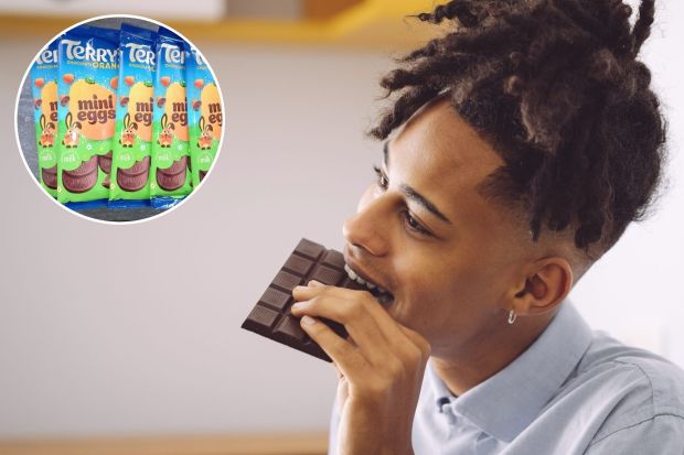 An image collage containing 2 images, Image 1 shows Eating chocolate, Image 2 shows Five Terry's Chocolate Orange Mini Eggs chocolate bars