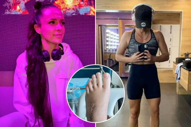 An image collage containing 3 images, Image 1 shows Woman with long hair wearing headphones and a white hoodie, Image 2 shows Woman in gym attire taking a selfie, Image 3 shows Foot with surgical scar