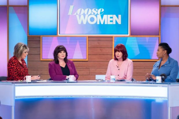 An image collage containing 1 images, Image 1 shows Ruth Langsford, Coleen Nolan, Janet Street-Porter, and Brenda Edwards on the set of the Loose Women TV show