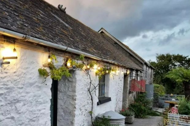 An image collage containing 1 images, Image 1 shows Exterior view of a whitewashed building with string lights and plants