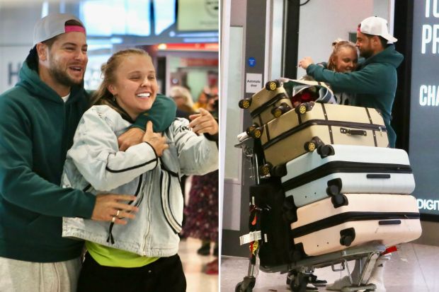 An image collage containing 2 images, Image 1 shows Jojo Siwa and Chris Hughes embracing at an airport, Image 2 shows Jojo Siwa and Chris Hughes embracing at an airport, luggage cart in front of them