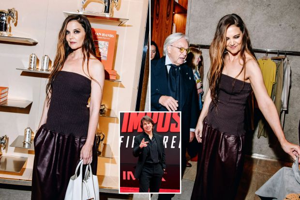 An image collage containing 3 images, Image 1 shows Katie Holmes at a Tod's cocktail party, Image 2 shows Katie Holmes and Diego Della Valle at a Tod's cocktail party, Image 3 shows Tom Cruise at the Mission: Impossible premiere