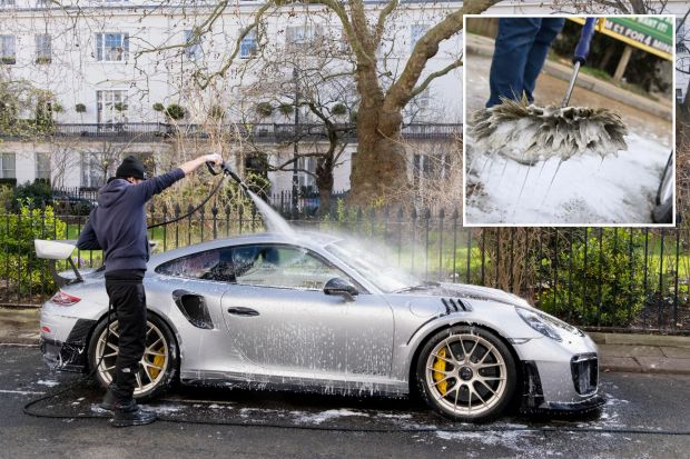 An image collage containing 2 images, Image 1 shows A man pressure washes a silver Porsche, Image 2 shows Car wash brush with soap suds