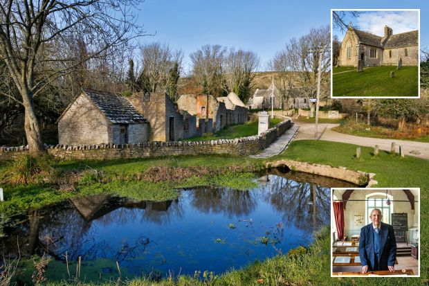 An image collage containing 3 images, Image 1 shows Ruins of a village reflected in a pond, Image 2 shows Stone church in Tyneham, Dorset, with surrounding graveyard, Image 3 shows Peter Wellman, the last resident of Tyneham, in his former schoolhouse