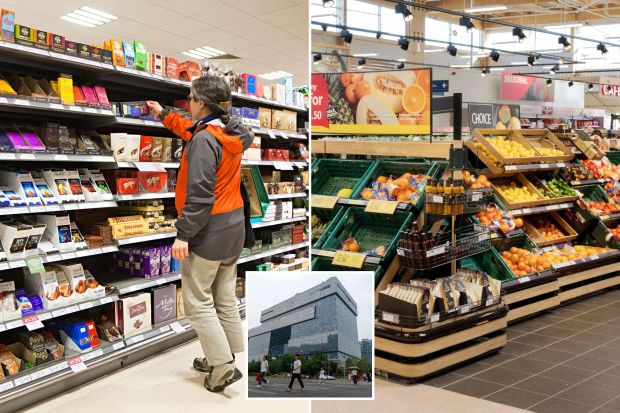 An image collage containing 3 images, Image 1 shows Woman selecting chocolate in a supermarket, Image 2 shows Woman shopping for fruit and vegetables in a supermarket, Image 3 shows Pedestrians crossing the street in front of the JD.com headquarters in Beijing