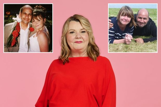 An image collage containing 3 images, Image 1 shows Woman in red top and pink pleated skirt, Image 2 shows Photo of a bride and groom on their wedding day, Image 3 shows A woman and a man lying on the grass, embracing