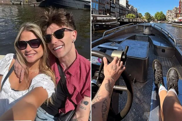 An image collage containing 2 images, Image 1 shows Couple on a canal boat in Amsterdam, Image 2 shows Person steering a boat on a canal in Amsterdam