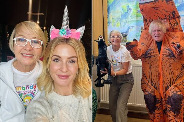 An image collage containing 2 images, Image 1 shows Photo of two women, one wearing a unicorn headband, Image 2 shows Three people in inflatable dinosaur costumes at a children's party