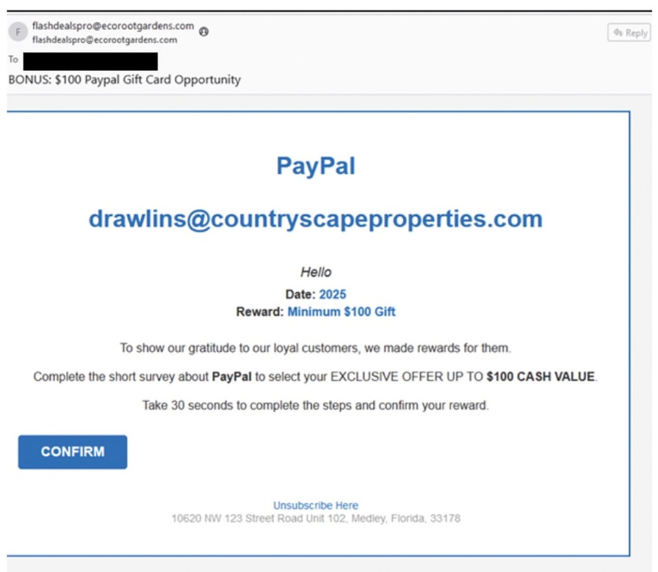 PayPal email offering a $100 gift card for completing a survey.