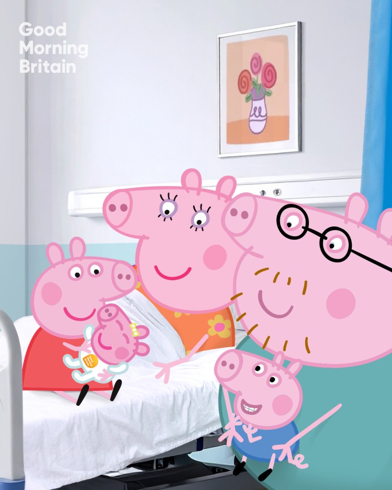 Illustration of the Peppa Pig family in a hospital room after the birth of their new baby.