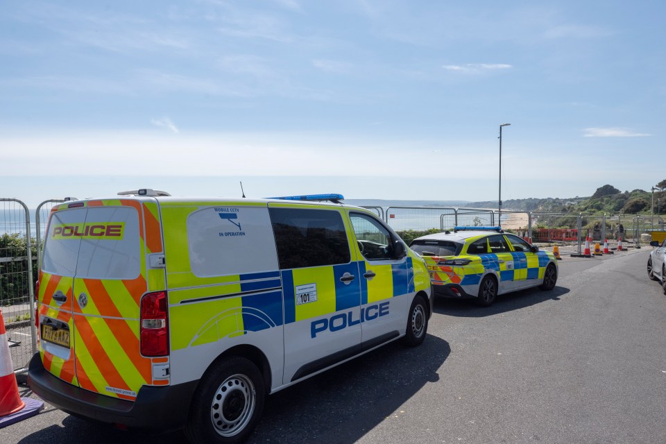 Police cars at a closed-off clifftop park.