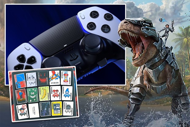 Collage of a PlayStation 5 controller, a sheet of custom playing cards, and a video game scene featuring a robotic dinosaur.