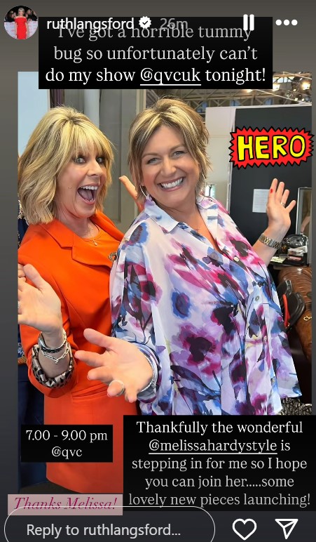 Ruth Langsford's announcement of her illness and replacement on a TV show.