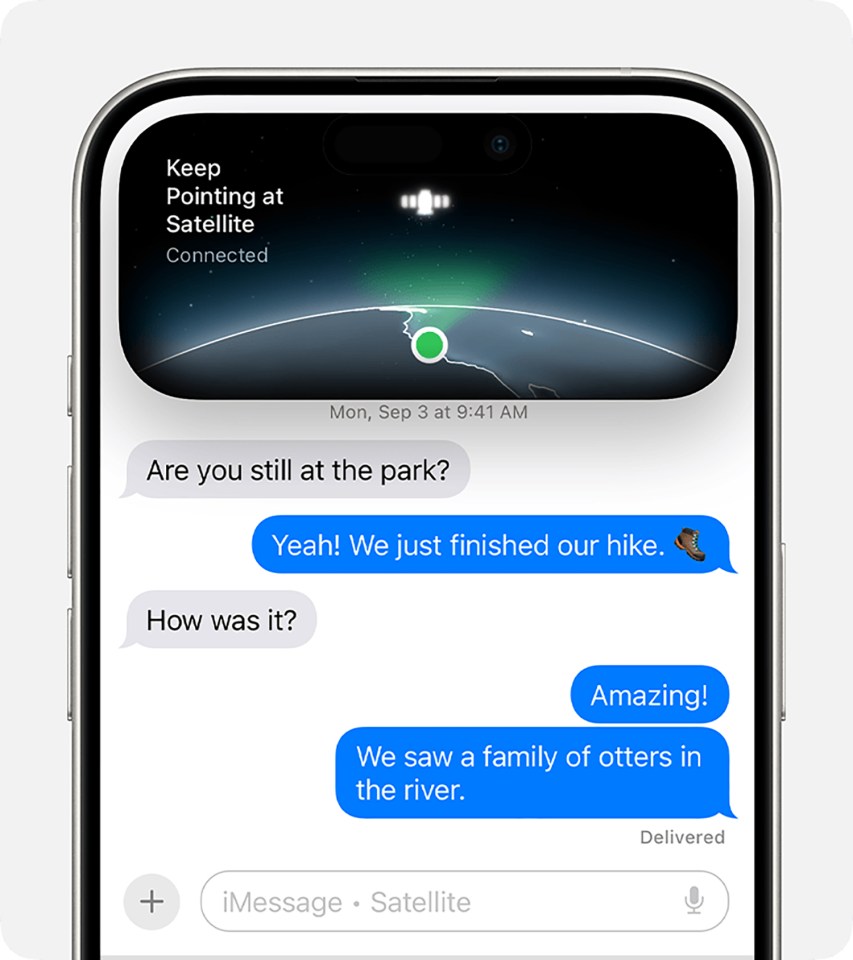 iPhone screen showing satellite connection and text messages about a hike.