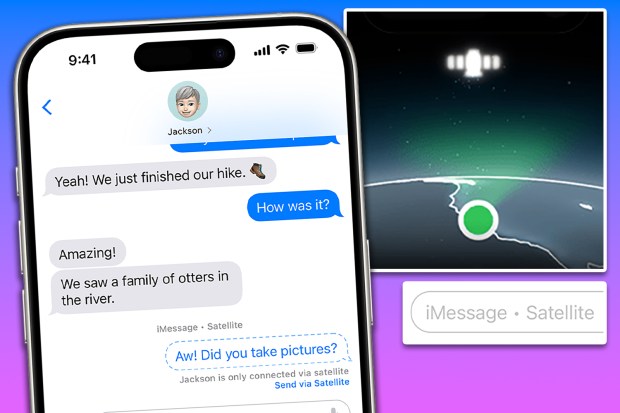 iPhone screen showing iMessage conversation about a hike, with a satellite connection indicated.