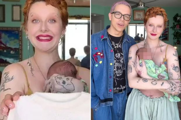 An image collage containing 2 images, Image 1 shows Parents holding their newborn baby, who is wearing a white sweater that says "PONY" on it, Image 2 shows Parents holding their newborn baby